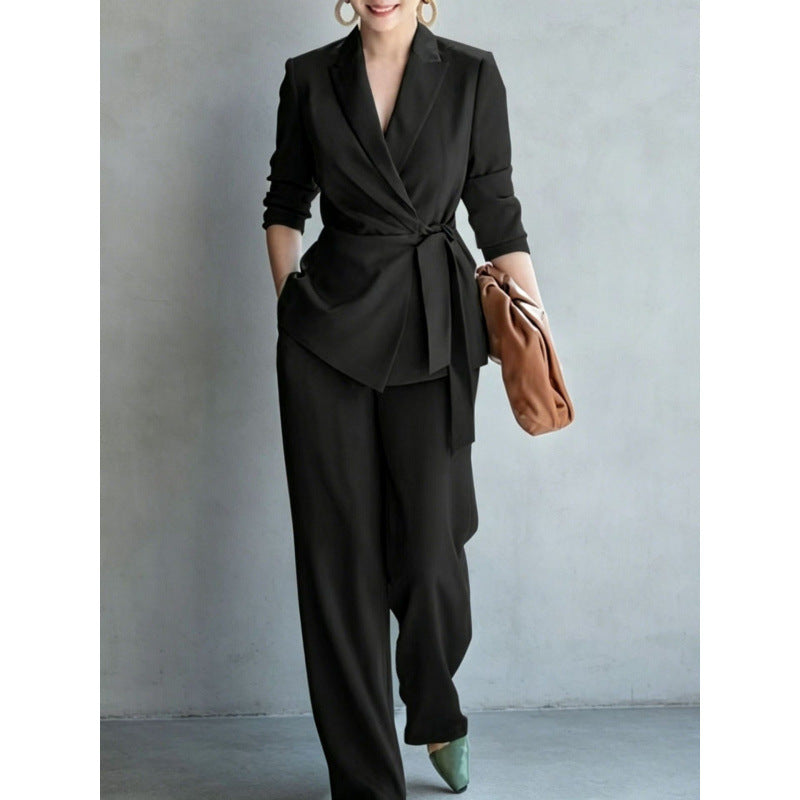 Fashionable Elegant Women's Casual Solid Color Suit Set with Belted Top and Pants