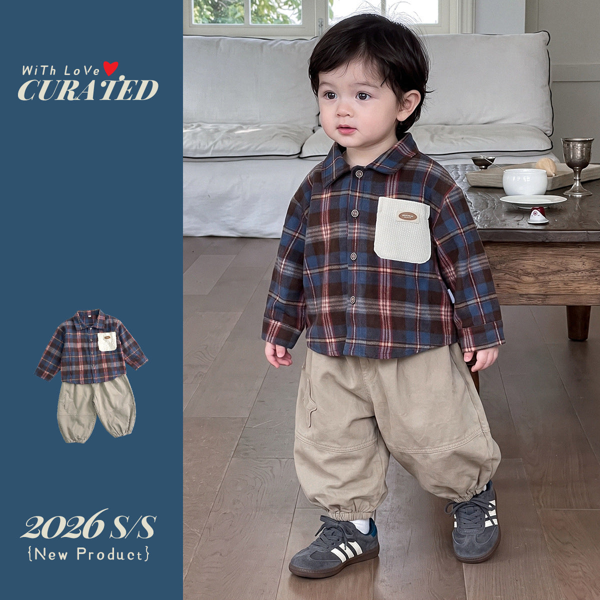 A-Class Cotton Boys' Outfit Plaid Long Sleeve Shirt Two-Piece Set for Toddlers