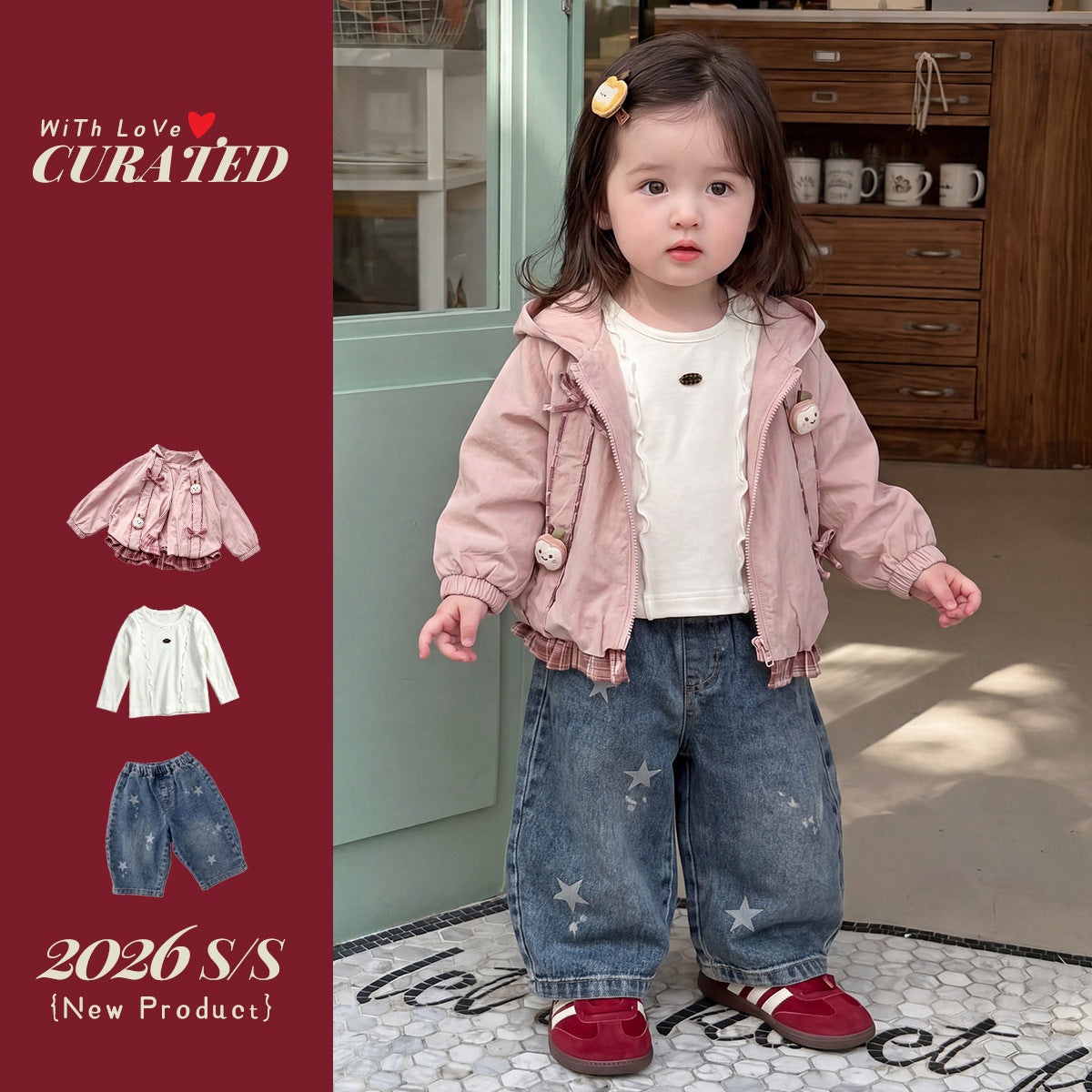 Outfit Set with Sweet Jacket, Jeans Pants Three-Piece Children's Clothing for Girls