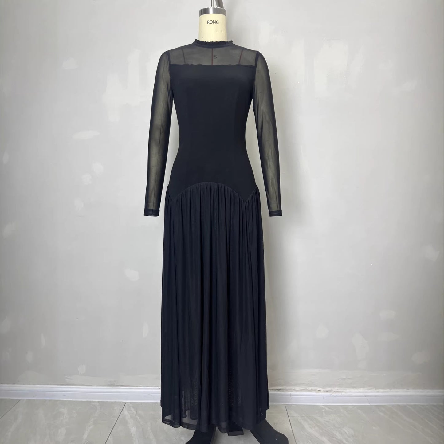 Elegant women's black see through mesh long sleeved dress
