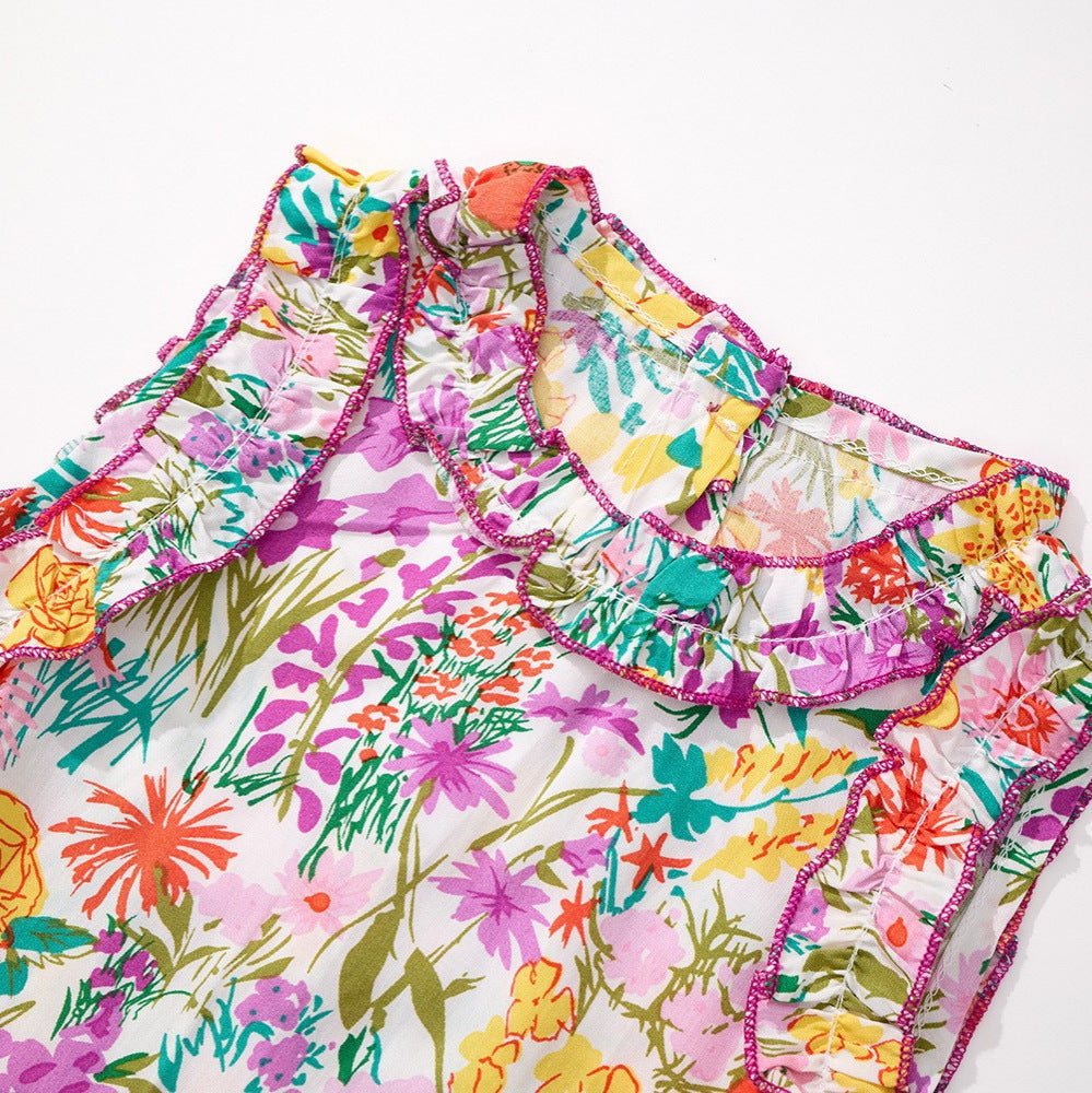Floral Set for Girls Sleeveless Top with Ruffles and Wide Leg Pants Two-Piece