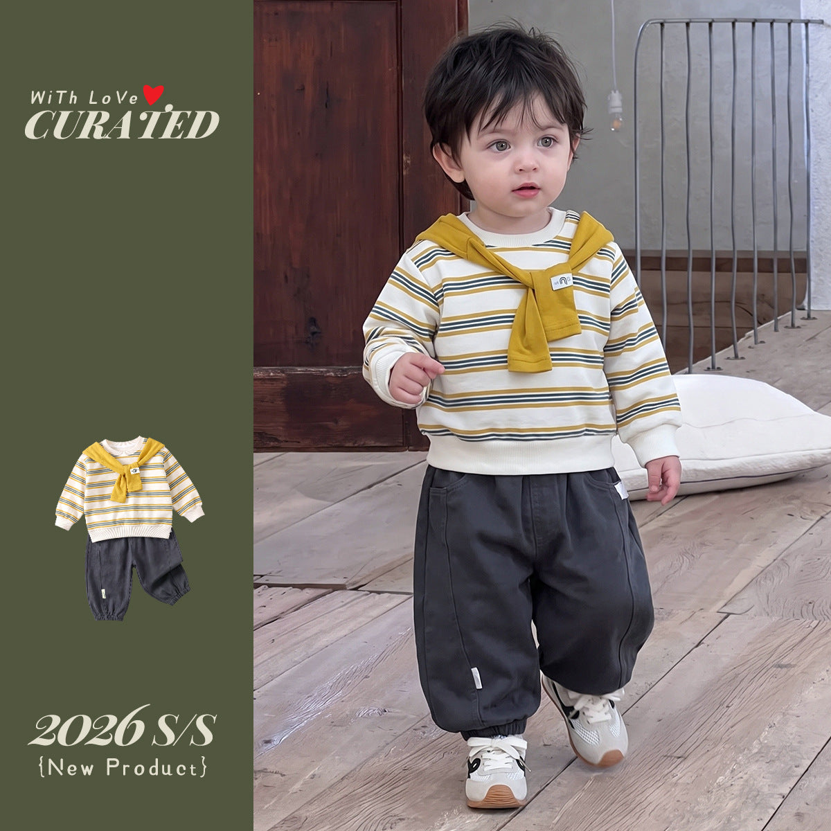 striped hoodie with detachable hood and casual pants set for boys