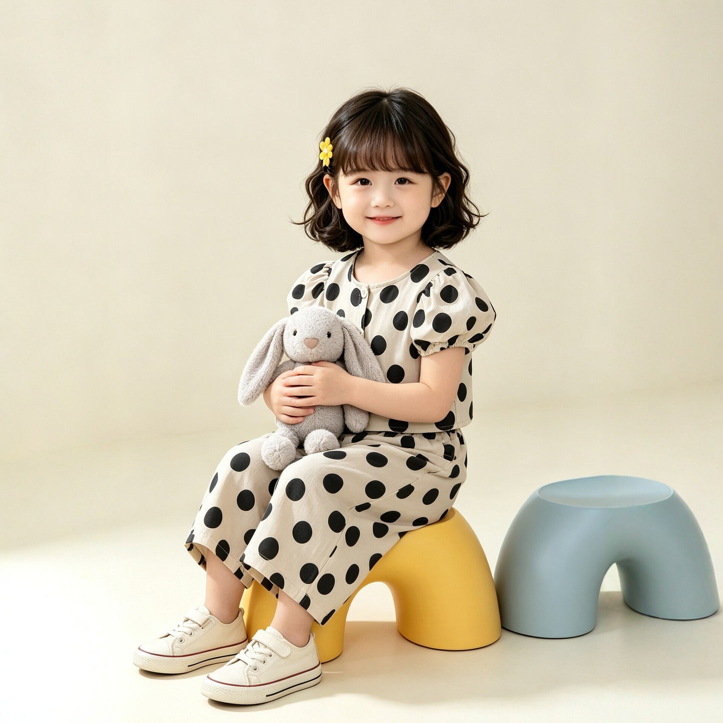 Cute Girl's Set with Polka Dot Short Sleeve Top and Wide Leg Pants