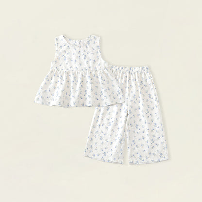 Floral Sleeveless Top and Wide-Leg Pants Two-Piece Set for Girls