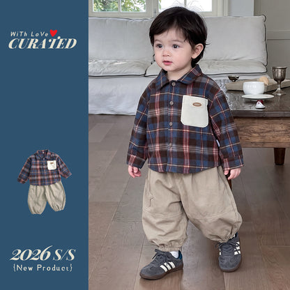A-Class Cotton Boys' Outfit Plaid Long Sleeve Shirt Two-Piece Set for Toddlers