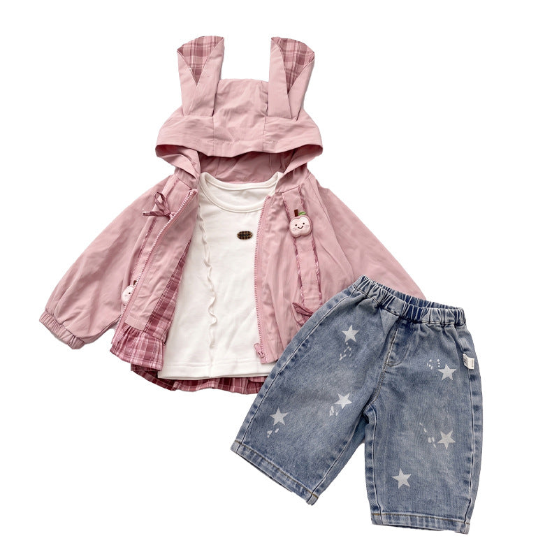 Outfit Set with Sweet Jacket, Jeans Pants Three-Piece Children's Clothing for Girls