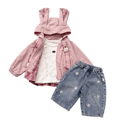 Outfit Set with Sweet Jacket, Jeans Pants Three-Piece Children's Clothing for Girls