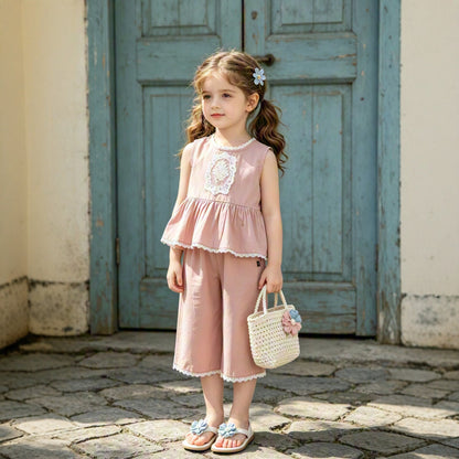 Girls' Set, Pink Lace Trim Two-Piece Set, Sleeveless Top with Wide Leg Pants