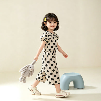 Cute Girl's Set with Polka Dot Short Sleeve Top and Wide Leg Pants