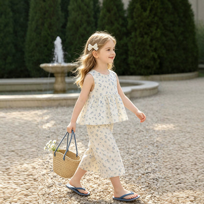 Floral Sleeveless Top and Wide-Leg Pants Two-Piece Set for Girls