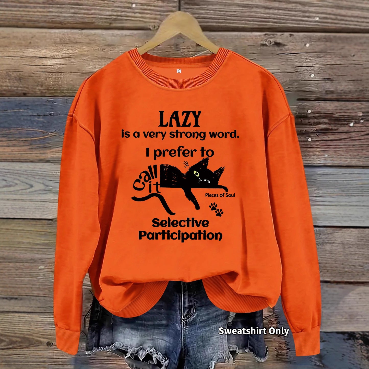 Lazy Man Slogan and Black Cat Print Round Neck Sweatshirt