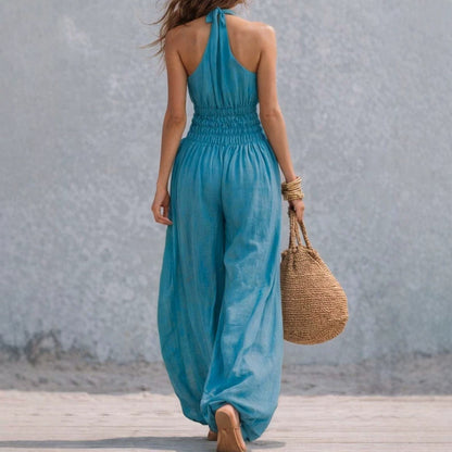 Casual style sleeveless hanging neck lantern pants jumpsuit for women