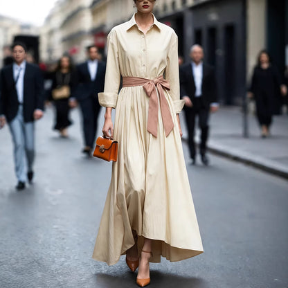 Long sleeved shirt collar solid color long skirt dress