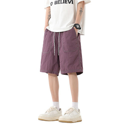 Loose Beach Shorts for Men with Simple Topstitching Design Five-Quarter Pants