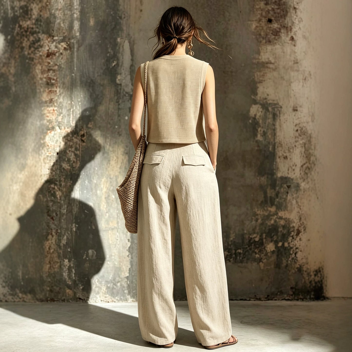 Khaki linen casual two-piece short knitted vest pocket wide leg pants set