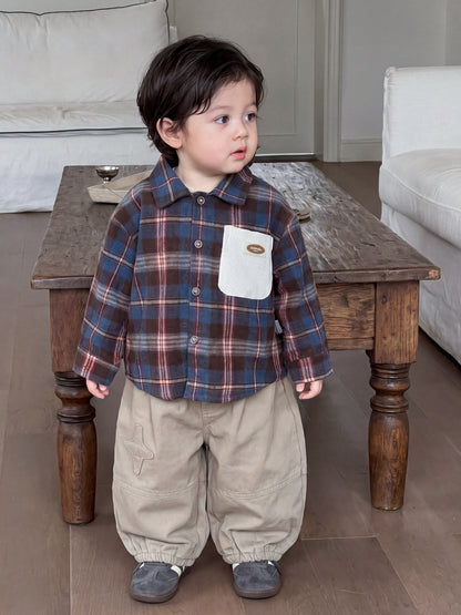 A-Class Cotton Boys' Outfit Plaid Long Sleeve Shirt Two-Piece Set for Toddlers