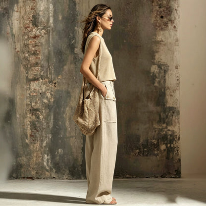 Khaki linen casual two-piece short knitted vest pocket wide leg pants set