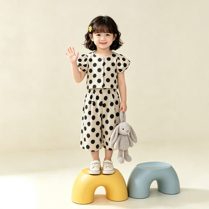 Cute Girl's Set with Polka Dot Short Sleeve Top and Wide Leg Pants