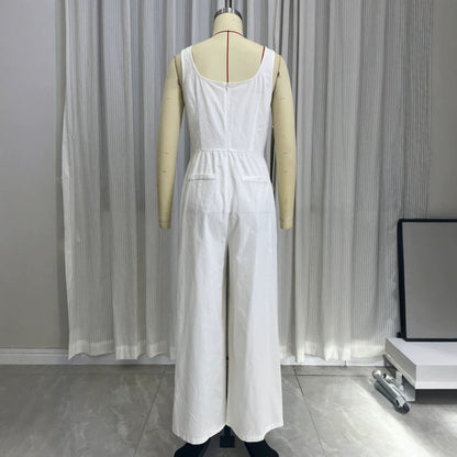 Summer pocket V-neck vest high waisted jumpsuit for women