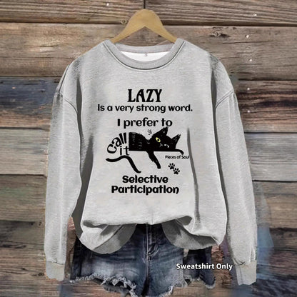 Lazy Man Slogan and Black Cat Print Round Neck Sweatshirt