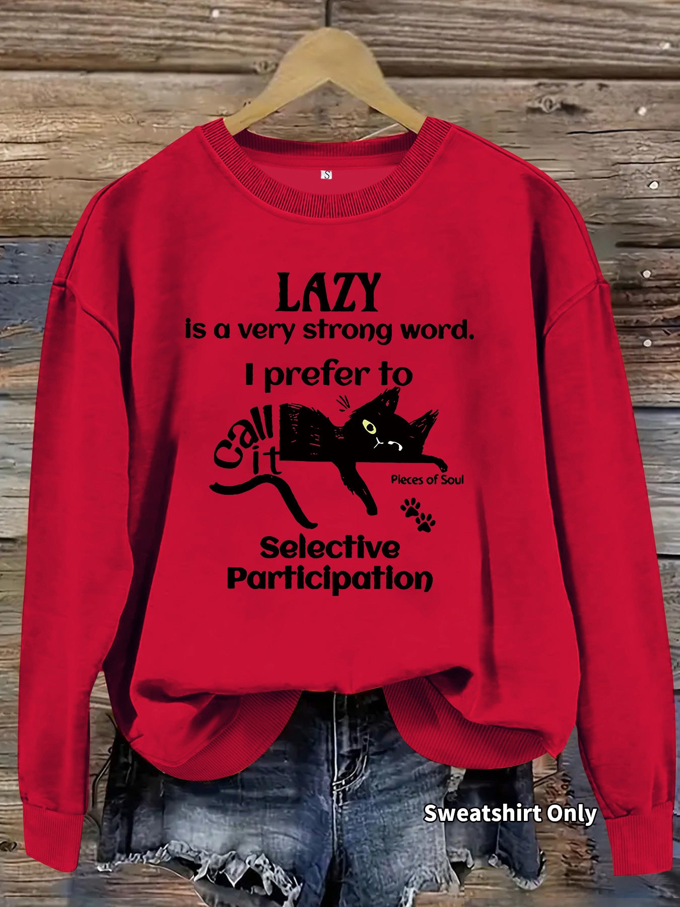 Lazy Man Slogan and Black Cat Print Round Neck Sweatshirt