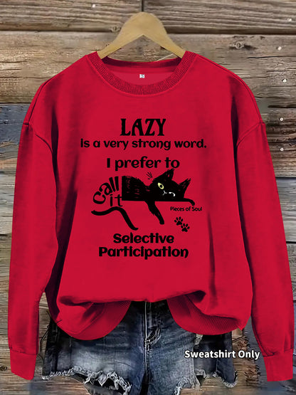Lazy Man Slogan and Black Cat Print Round Neck Sweatshirt