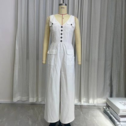 Summer pocket V-neck vest high waisted jumpsuit for women