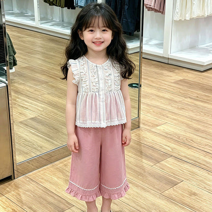 Cute Lace Spliced Vest Set for Girls, Sweet Flutter Sleeve Wide Leg Pants Two-Piece