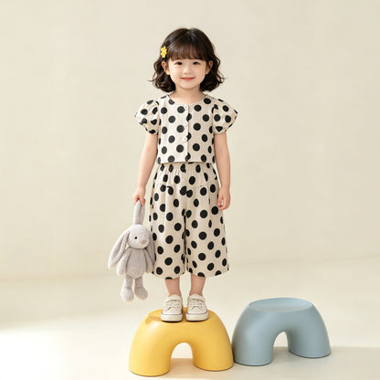 Cute Girl's Set with Polka Dot Short Sleeve Top and Wide Leg Pants