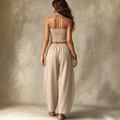 Hanging neck V-neck short top+loose lantern pants linen two-piece set for women