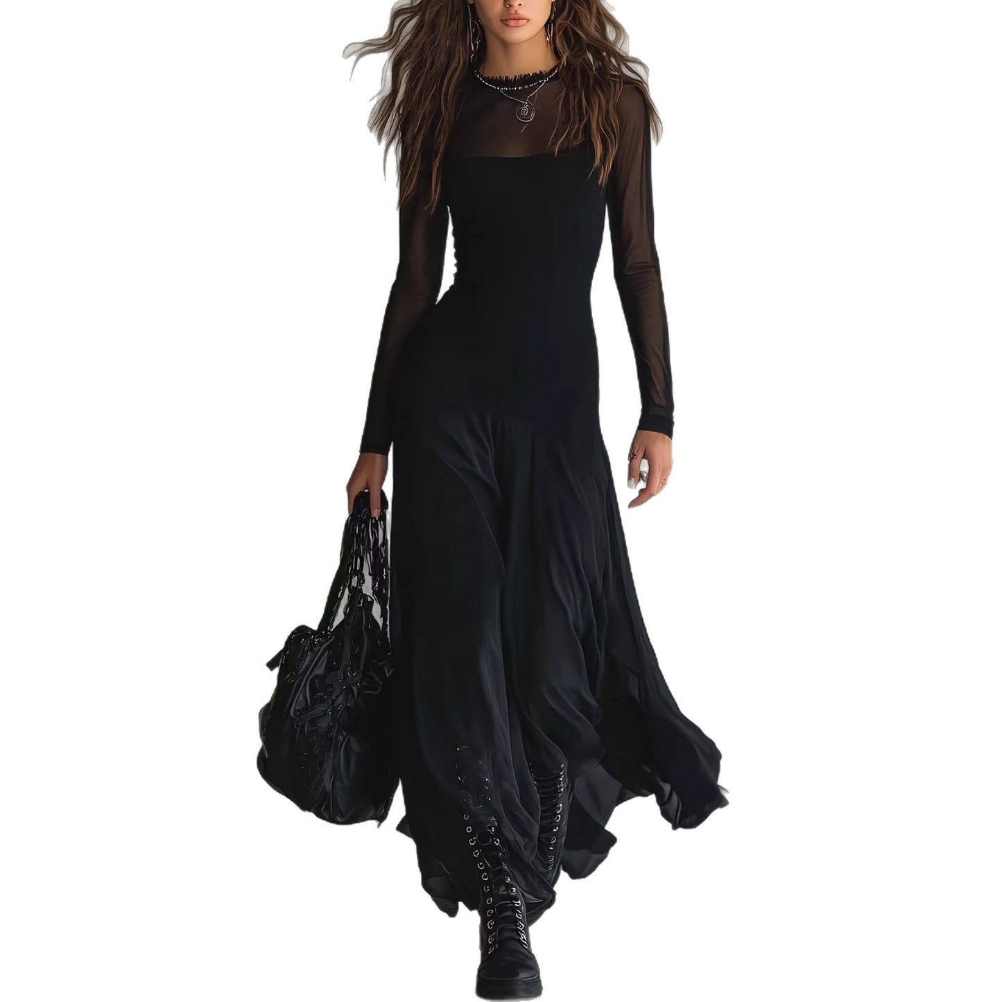 Elegant women's black see through mesh long sleeved dress