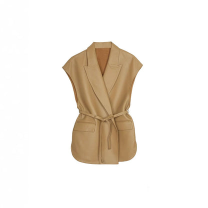 Sleeveless PU leather vest women's suit collar belt vest jacket