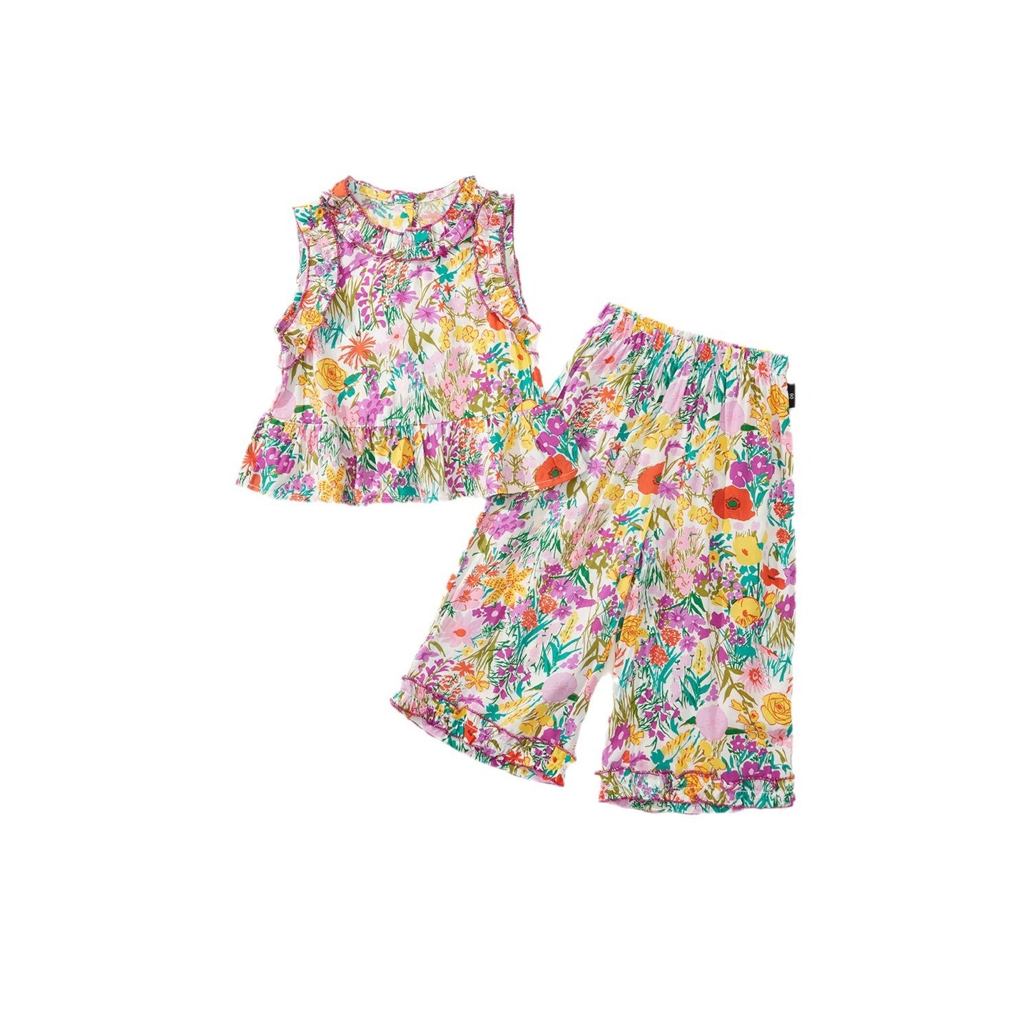 Floral Set for Girls Sleeveless Top with Ruffles and Wide Leg Pants Two-Piece