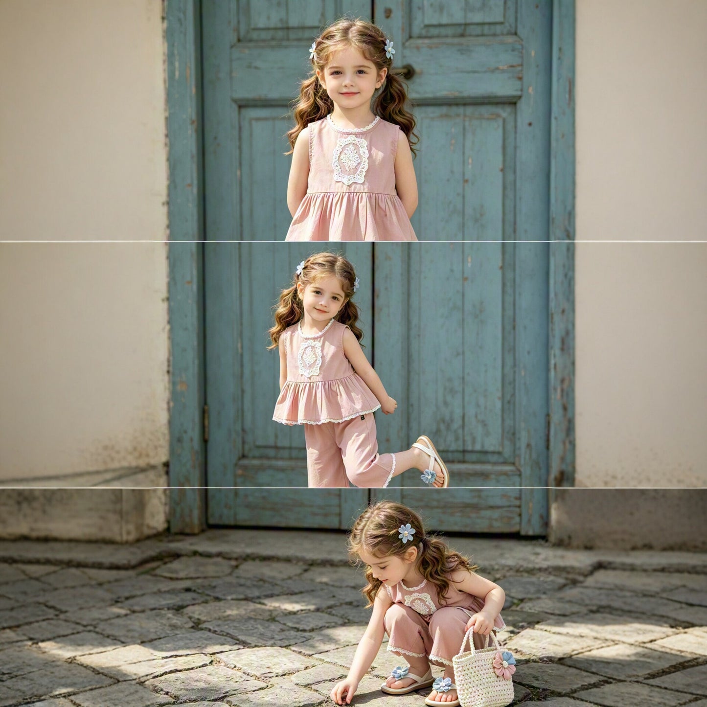 Girls' Set, Pink Lace Trim Two-Piece Set, Sleeveless Top with Wide Leg Pants