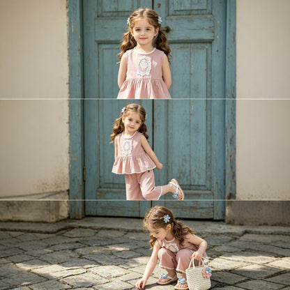 Girls' Set, Pink Lace Trim Two-Piece Set, Sleeveless Top with Wide Leg Pants