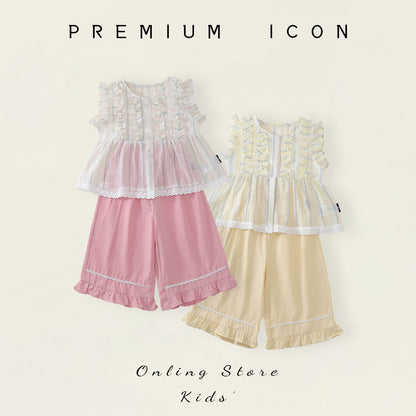 Cute Lace Spliced Vest Set for Girls, Sweet Flutter Sleeve Wide Leg Pants Two-Piece