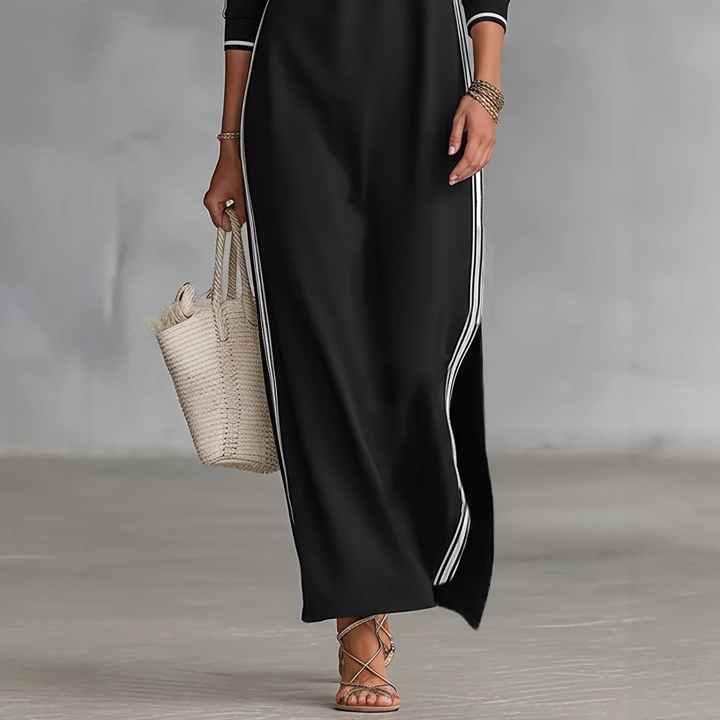 Long skirt women's simple white rolled edge button neck hoodie dress