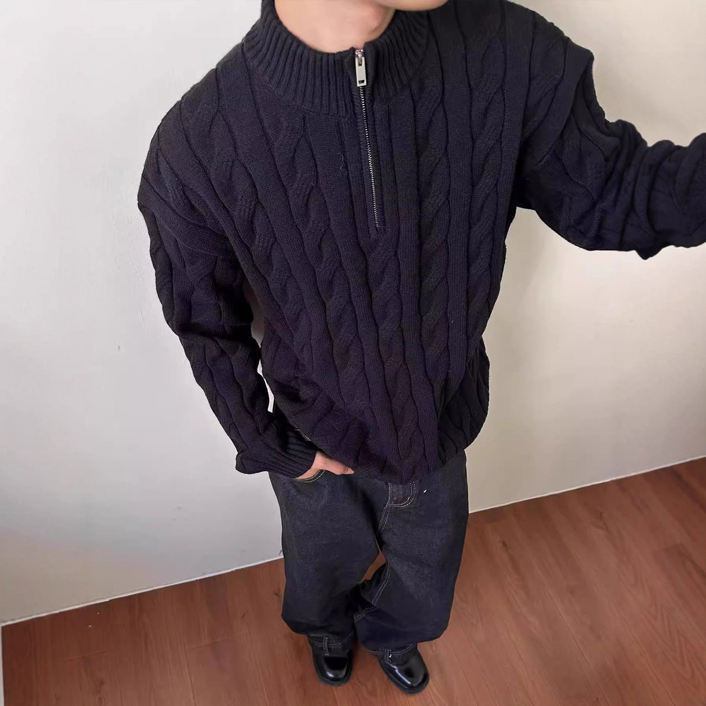 Men's Loose Fit Rich Man Hemp Pattern Coarse Knit Sweater