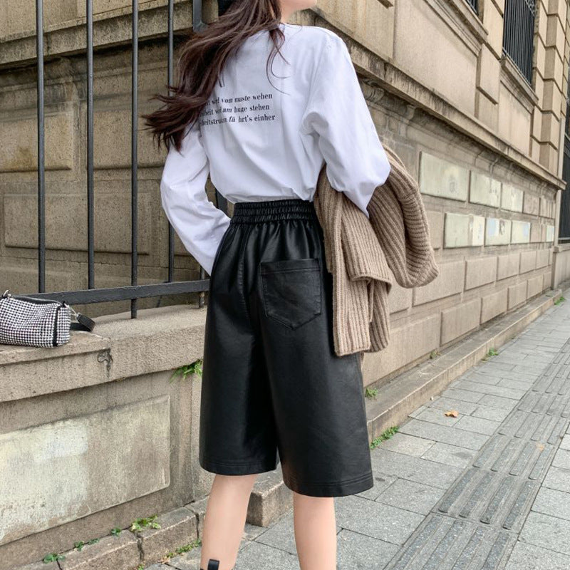 S-3XL PU Leather Shorts Women's Autumn Winter New 2021 high waist elastic Loose Five Points Leather Trouser clothes Shorts