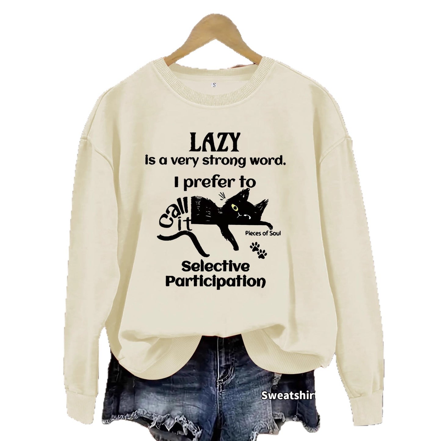 Lazy Man Slogan and Black Cat Print Round Neck Sweatshirt