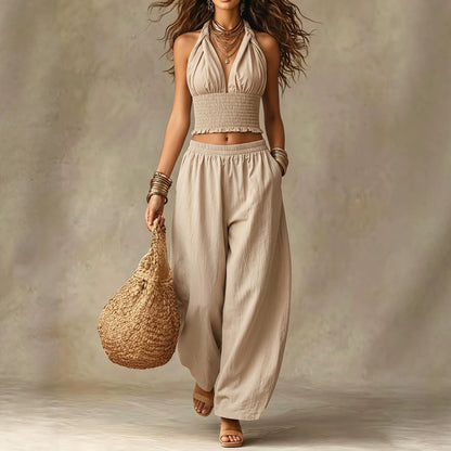 Hanging neck V-neck short top+loose lantern pants linen two-piece set for women