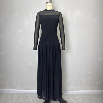 Elegant women's black see through mesh long sleeved dress