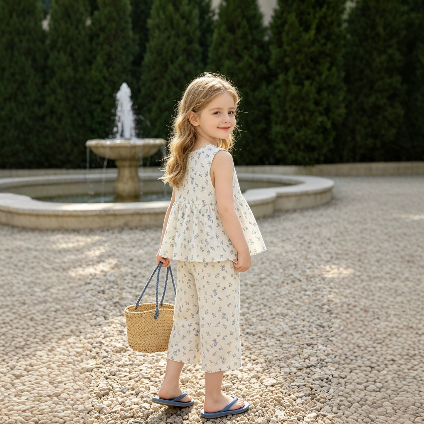 Floral Sleeveless Top and Wide-Leg Pants Two-Piece Set for Girls