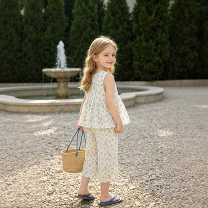 Floral Sleeveless Top and Wide-Leg Pants Two-Piece Set for Girls