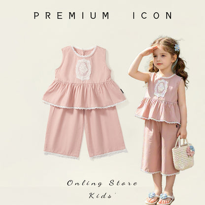 Girls' Set, Pink Lace Trim Two-Piece Set, Sleeveless Top with Wide Leg Pants
