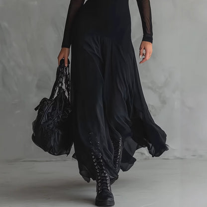 Elegant women's black see through mesh long sleeved dress