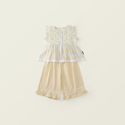 Cute Lace Spliced Vest Set for Girls, Sweet Flutter Sleeve Wide Leg Pants Two-Piece