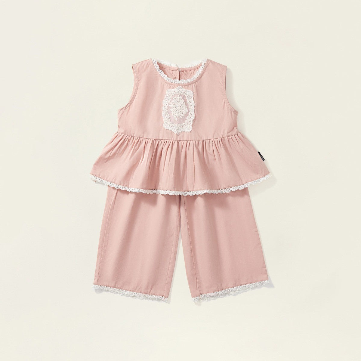 Girls' Set, Pink Lace Trim Two-Piece Set, Sleeveless Top with Wide Leg Pants