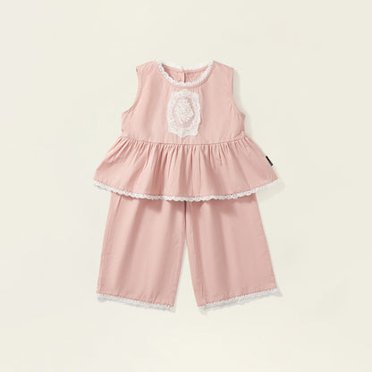 Girls' Set, Pink Lace Trim Two-Piece Set, Sleeveless Top with Wide Leg Pants