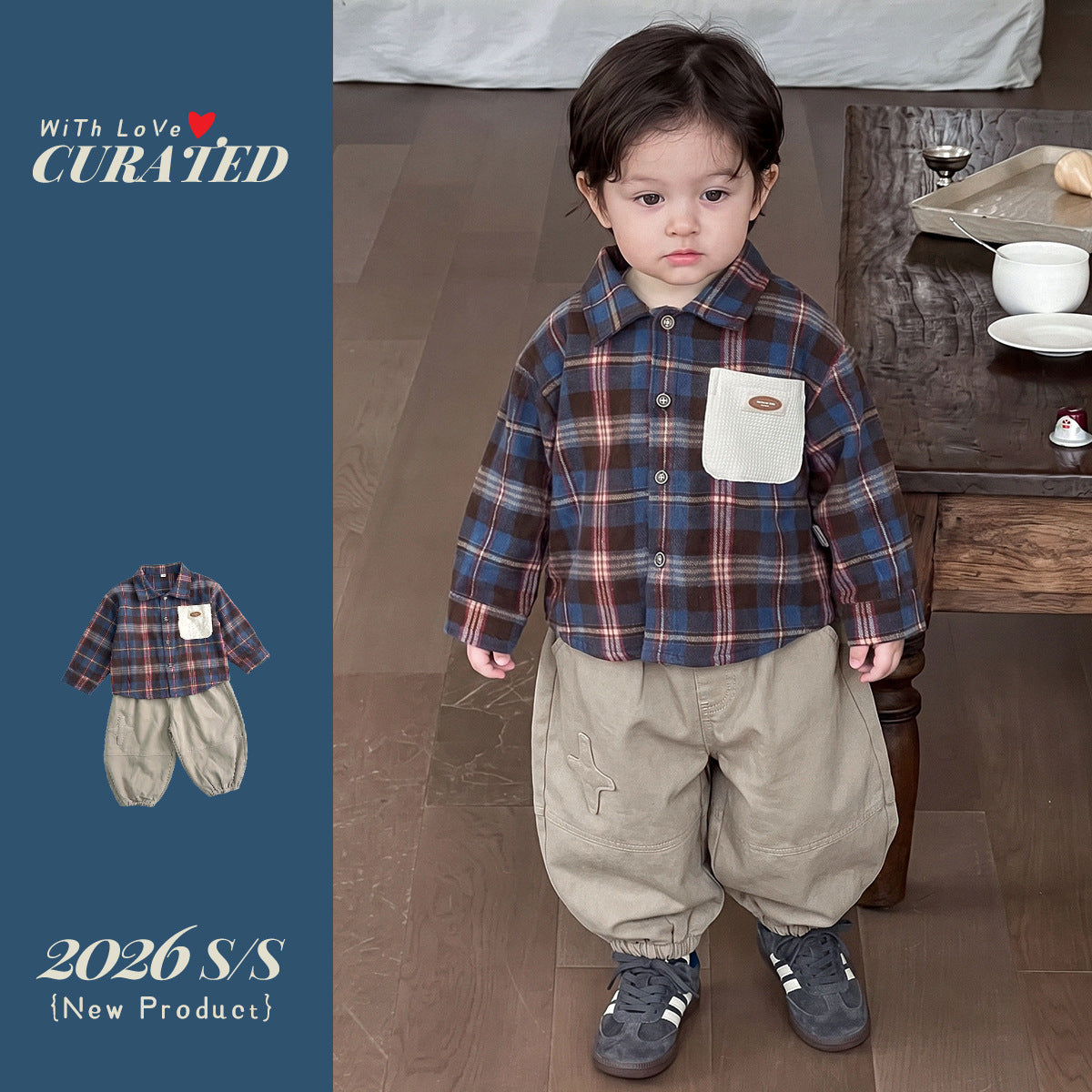 A-Class Cotton Boys' Outfit Plaid Long Sleeve Shirt Two-Piece Set for Toddlers